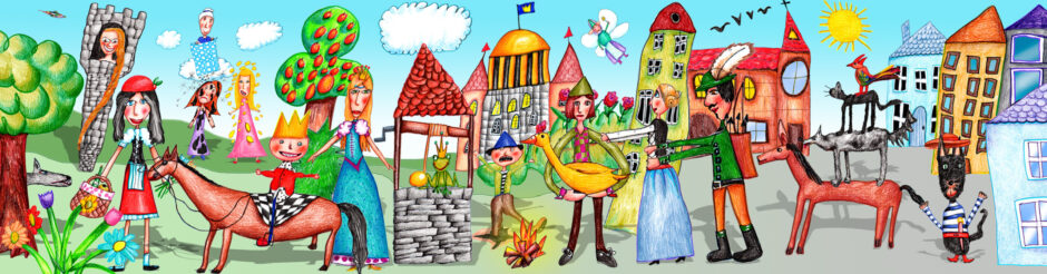 Bunte Märchenwelt mit Figuren der Brüder Grimm aus dem bisherigen Schulauftritt